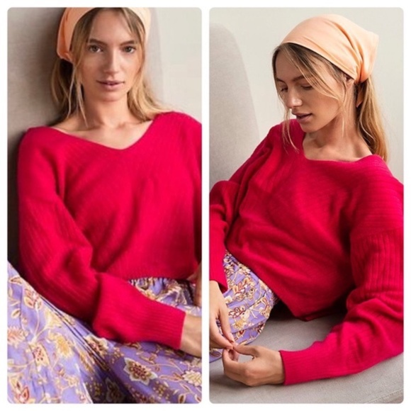 NWT Free People Hot Pink Cashmere Elias V Neck Cropped Sweater
